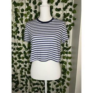 Brandy Melville Purple White Stripe Crew Neck Crop Top Tee Size Small